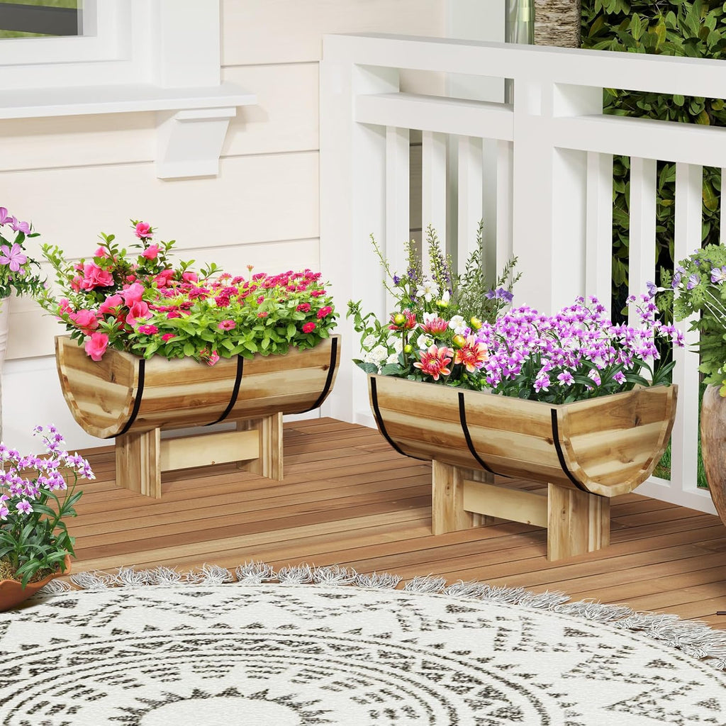 HAPPYGRILL Wooden Plant Pots, Solid Acacia Wood Half-Barrel Planting Flower Pot w/Legs, Drainage for Flower Vegetable Fruit, Outdoor Elevated Garden Bed, Decorative Planters for Indoor Plants (2)