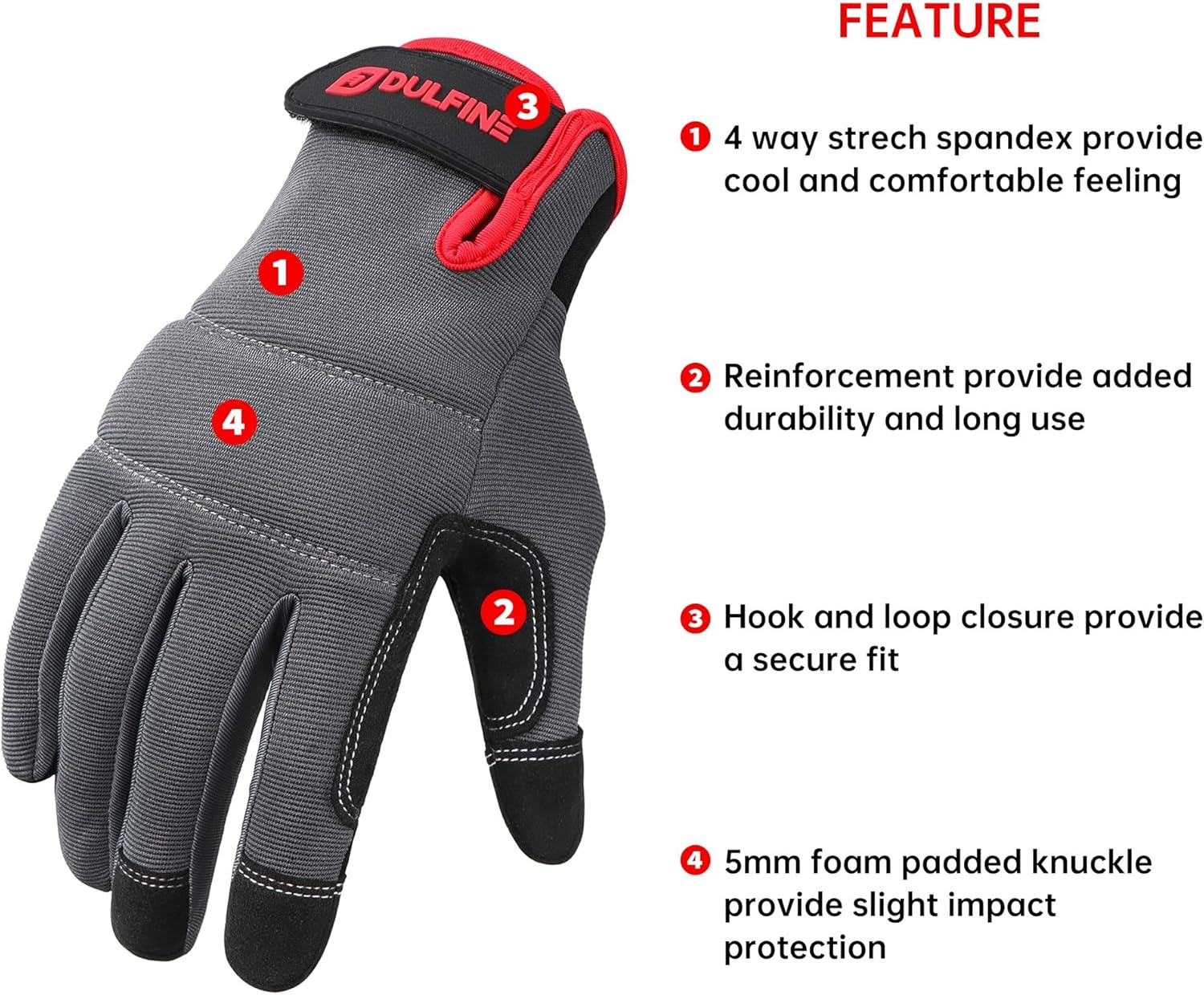 DULFINE Flex Grip Mechanic Work Gloves for Men,Black and Red Utility Safety Working Gloves Touch Screen,Excellent Grip,Ideal for Working on Cars and Outdoor Jobs(Medium)