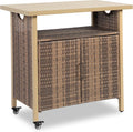 HOMEFUN Outdoor Bar Table with Storage Cabinet Patio Serving Carts on Wheels Wicker Grill Cart Prep Station Rolling Kitchen Island for Outside Backyard and Patio, Brown