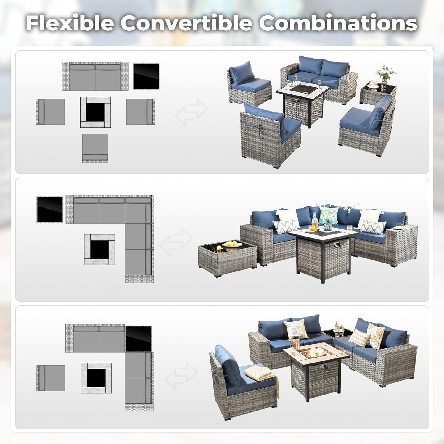 ovios 7 Pieces Patio Furniture Set, Outdoor Wicker Sectional Sofa with 30 Inch Fire Pit Table Comfy Cushions, Modern Modular Deep Seat Rattan Couch Conversation Set, Denim Blue