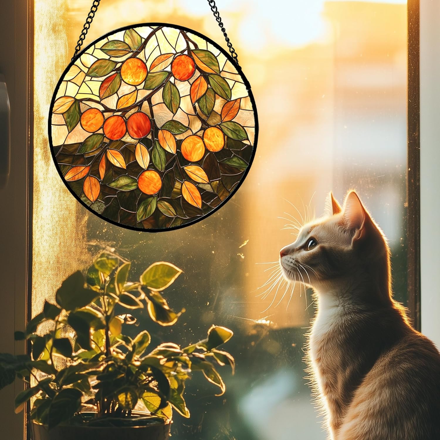 Stained Glass Suncatcher, Orange Green Fruit Tree Sun Catcher Landscape Stain Glass Window Hanging Decoration Mother's Day Birthday Gifts for Women Men Mom Nana 11.8 in