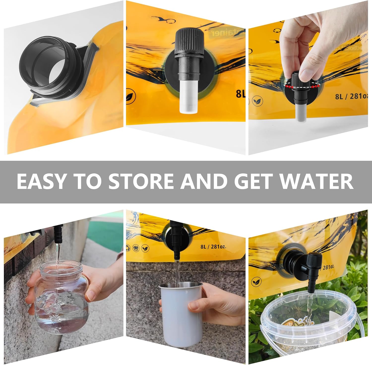Collapsible 8L Water Storage Bag, BPA-Free Portable Folding Water Jug with Adjustable Faucet, Leakproof Emergency Water Bag for Camping, Hiking, Riding, Outdoor Sport (Blue & Orange 4)