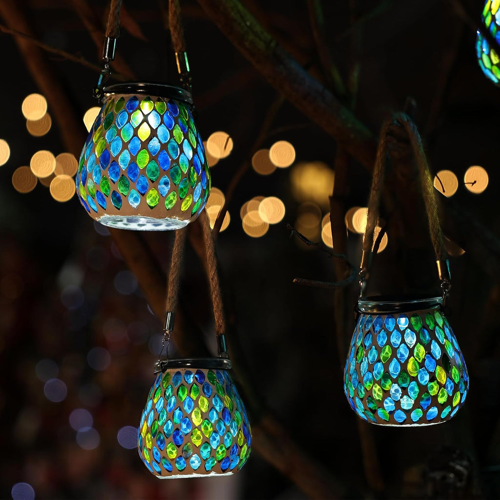 Cooo 2 Pack Mosaic Solar Lantern Outdoor Waterproof IP68 Hanging Projection Light Hidden Lid Pear-Shaped Lantern with Rope Handle Solar Powered Auto On for Patio Garden Fence Table - Azure Lattice