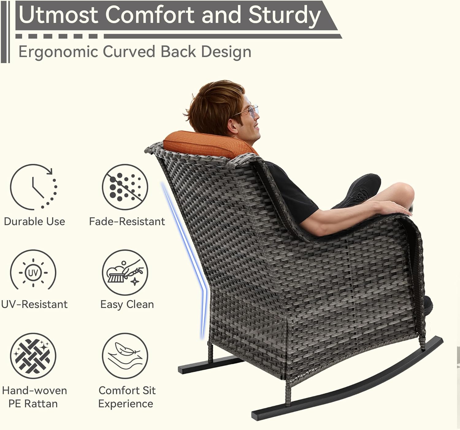 Outdoor Rocking Chair of 2, Wicker Patio Rocker Chair for Yard, Porch, Mixed Brown Grey Rattan, Orange Cushions