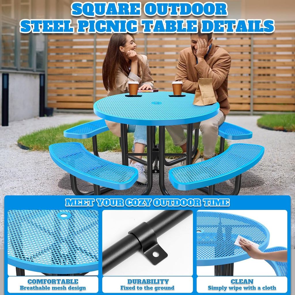 Heavy-Duty Park Bench or Table for Outside - Black Coated Outdoor Furniture Steel Bench, Commercial-Grade Outdoor Benches Weatherproof for Park, Patio, Porch (Blue, 46” (Rd. Table))