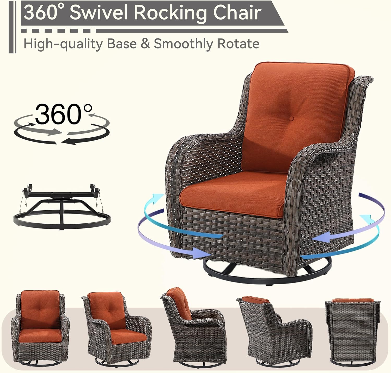 6 Pieces Outdoor Furniture Set - Patio Wicker Swivel Rocker Chair Set of 4 and 2 Side Table, Orange, Mixed Brown Rattan, Suitable for Porch, Yard