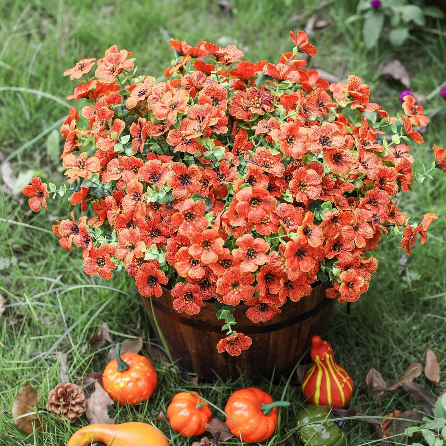 Artificial Flowers for Outdoor Indoor Garden Home Decoration, Faux Flower Daisy with Eucalyptus Leaves Fake Plants Greenery Boxwood Porch Patio, 12 Bundles Orange