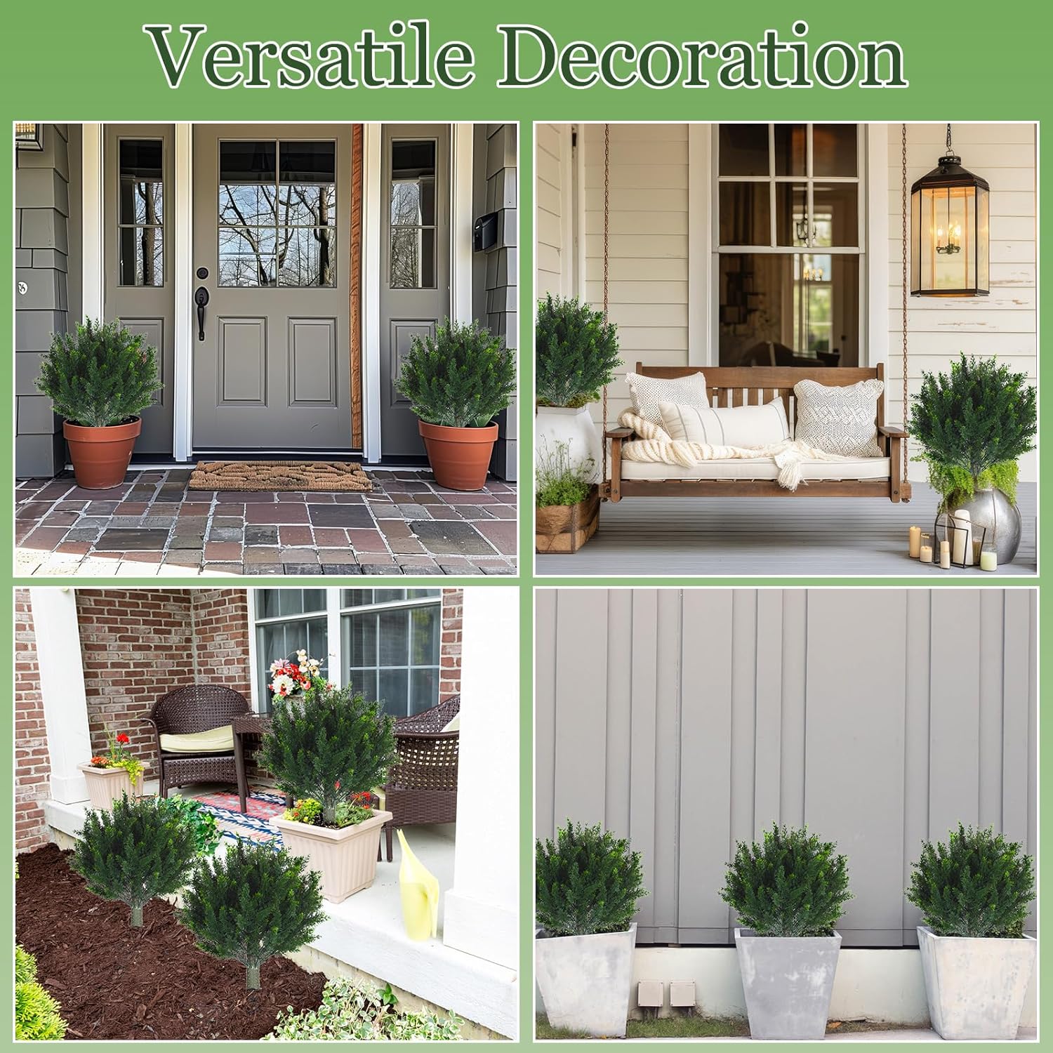 Yunlly 4 Pcs Artificial Cedar Topiary Ball Fake Tree 18" Bush Front Porch Decor Artificial Shrubs for Outdoors Faux Cypress with Ground Spike, Evergreen Plants for Indoor Garden Patio, UV Resistance