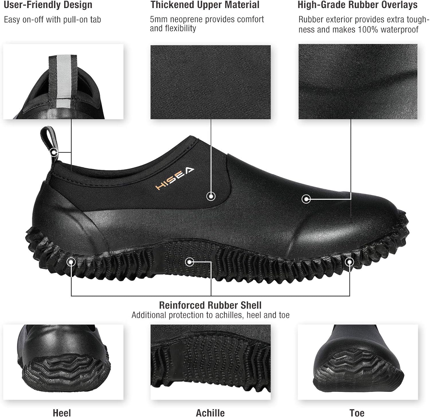 HISEA Unisex Waterproof Garden Shoes, Men's Rubber Rain Boots Women's Ankle Rain Shoes Neoprene Camp Booties Outdoor Slip-On Footwear for Gardening, Farming, Camping, Car Wash, Lawn Care and Yard Work
