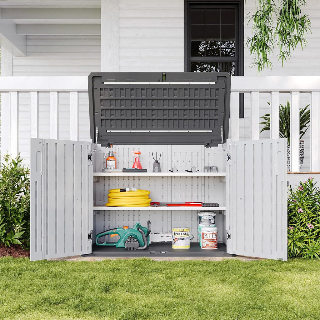 Aoxun White Outdoor Storage Cabinet with 2 Shelves, 35 Cu.Ft Trash Can Storage Shed, Waterproof, Horizontal Storage for Garbage Bin, Generator, Lawn Mower