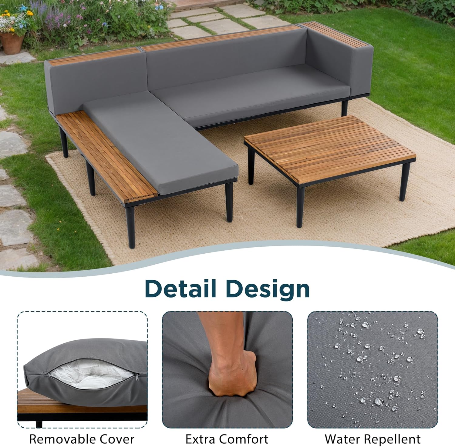 Acacia Wood Patio Furniture Set, Luxury Outdoor Conversation Sectional Sofa with Removable Cushions and Coffee Table, Side Table, L-Shaped Sofa Set for Backyard, Porch (Gray/17)