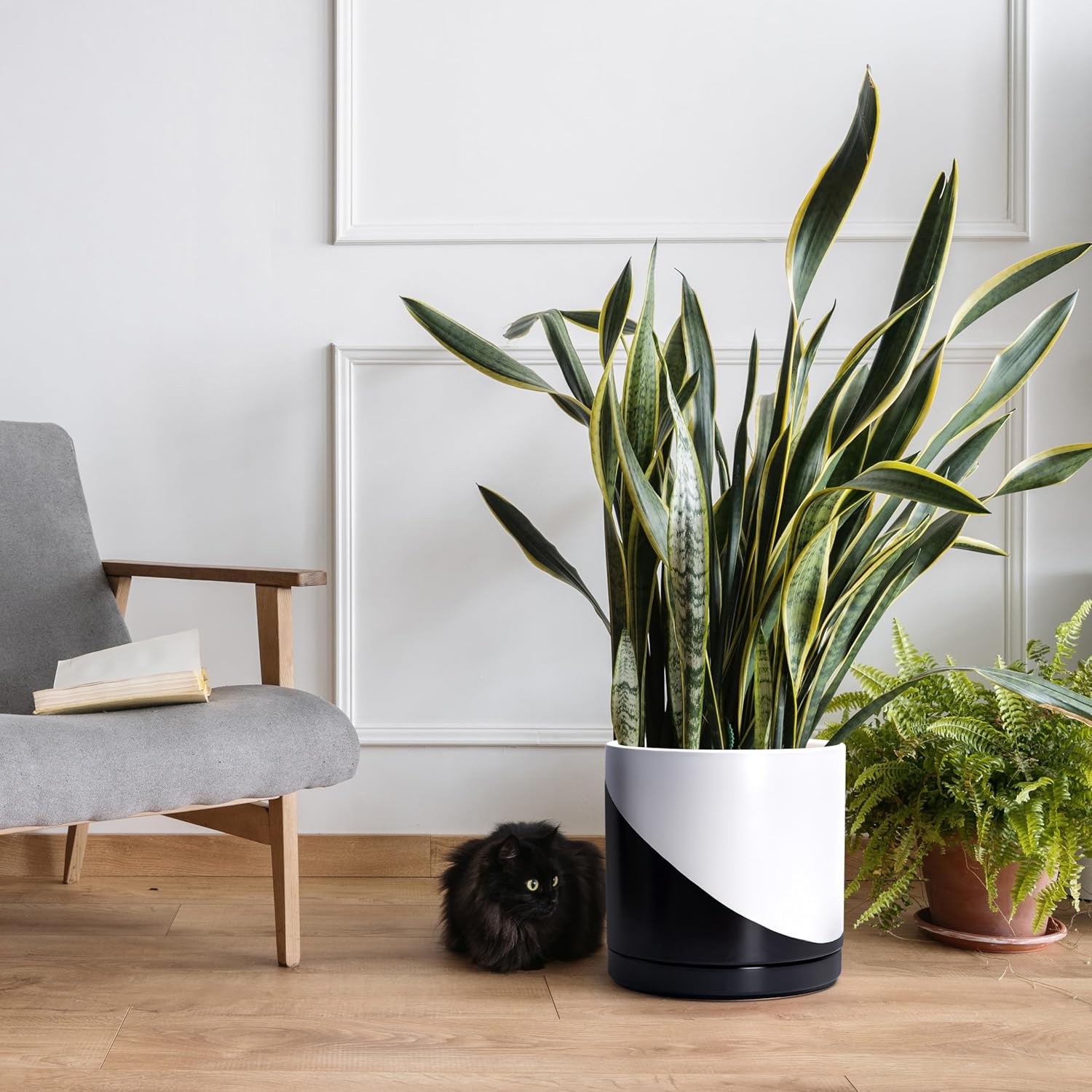 D'vine Dev 12 Inch Ceramic Planter Pot with Drainage Hole and Saucer, Indoor Cylinder Round Planter Pot, Oblique Monochrome Black and White, 94-O-F-K