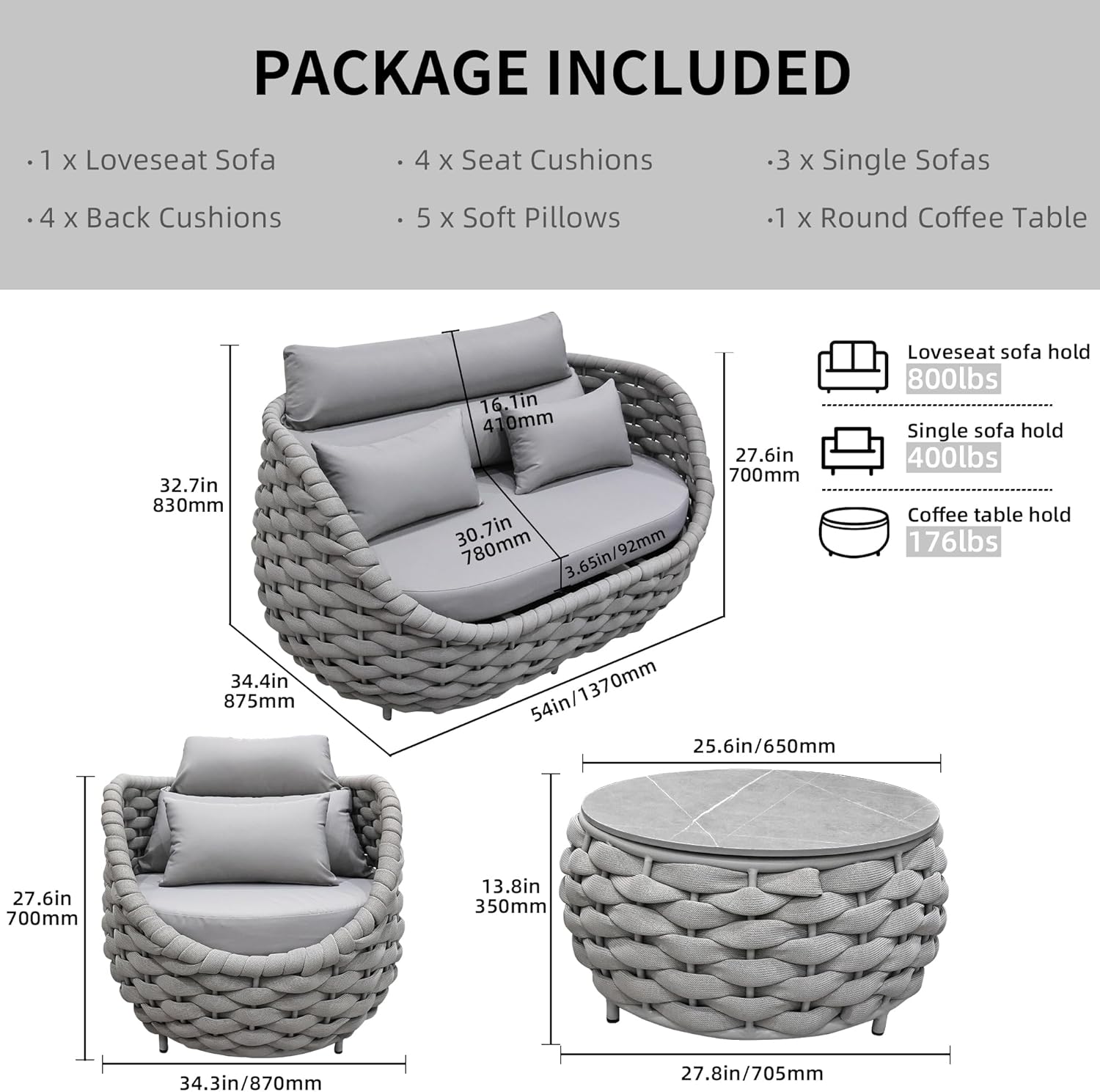 5 Pieces Patio Furniture Set, Outdoor Rope Conversation Sectional Patio Sofa with 5 Seater for Backyard, Porch, Modern Armchairs with Thickness Cushions and Side Table, Light Grey