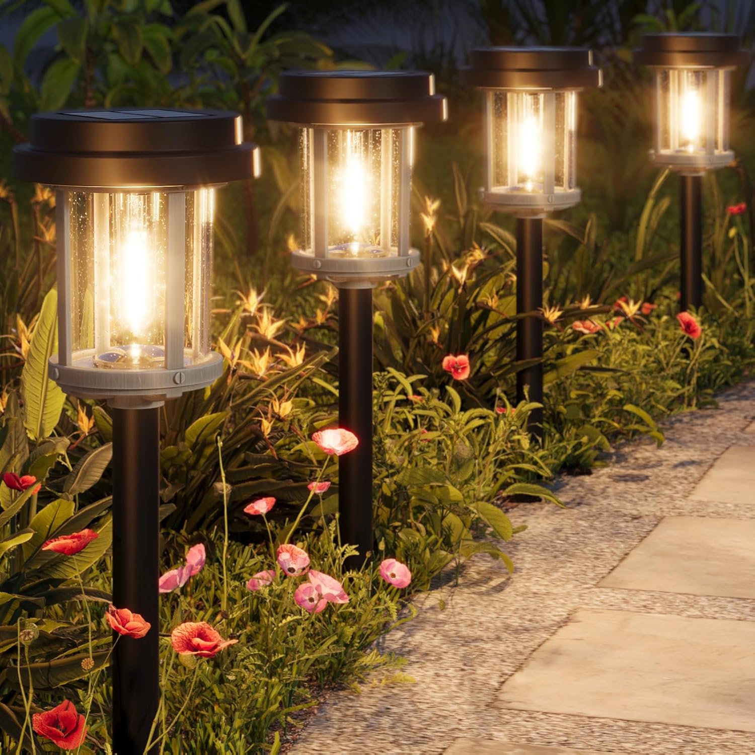 XMCOSY+ Solar Pathway Lights, 20 LM Bright Solar Light Outdoor, Waterproof Seed Glass & Metal Solar Powered Garden Lights, Outside Solar Lights for Yard Lawn Landscape Walkway(Black & Grey)
