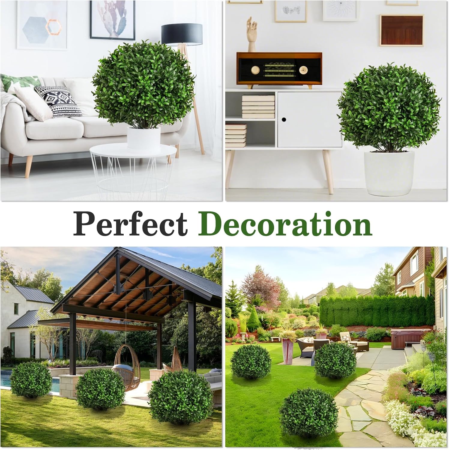 Artificial Olive Leaf Boxwood Topiary Ball Trees, Set of 2 UV Resistant 16in Outdoor Plants – Artificial Bonsai, Miniature Trees, Garden, Curb Appeal