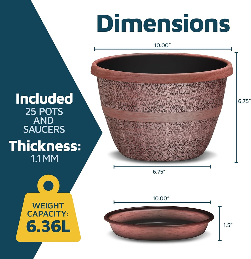 10-Inch Whiskey Barrel Planters Outdoor Pack of 25 - Durable Plastic Plant Pots for Indoor & Outdoor Use with Drainage & Saucer, Lightweight Rustic Barrel Planters for Flowers, Herbs & Small Plants