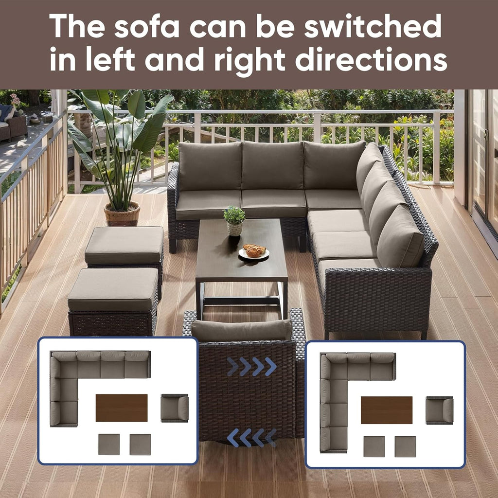 HUMMUH 8 Piece Patio Furniture Set PE Wicker Outdoor Sectional Sofa and Patio Swivel Chairs Outdoor Dining Table Ottomans for Porch,Garden,Backyard,Deck(Brown/Grey)