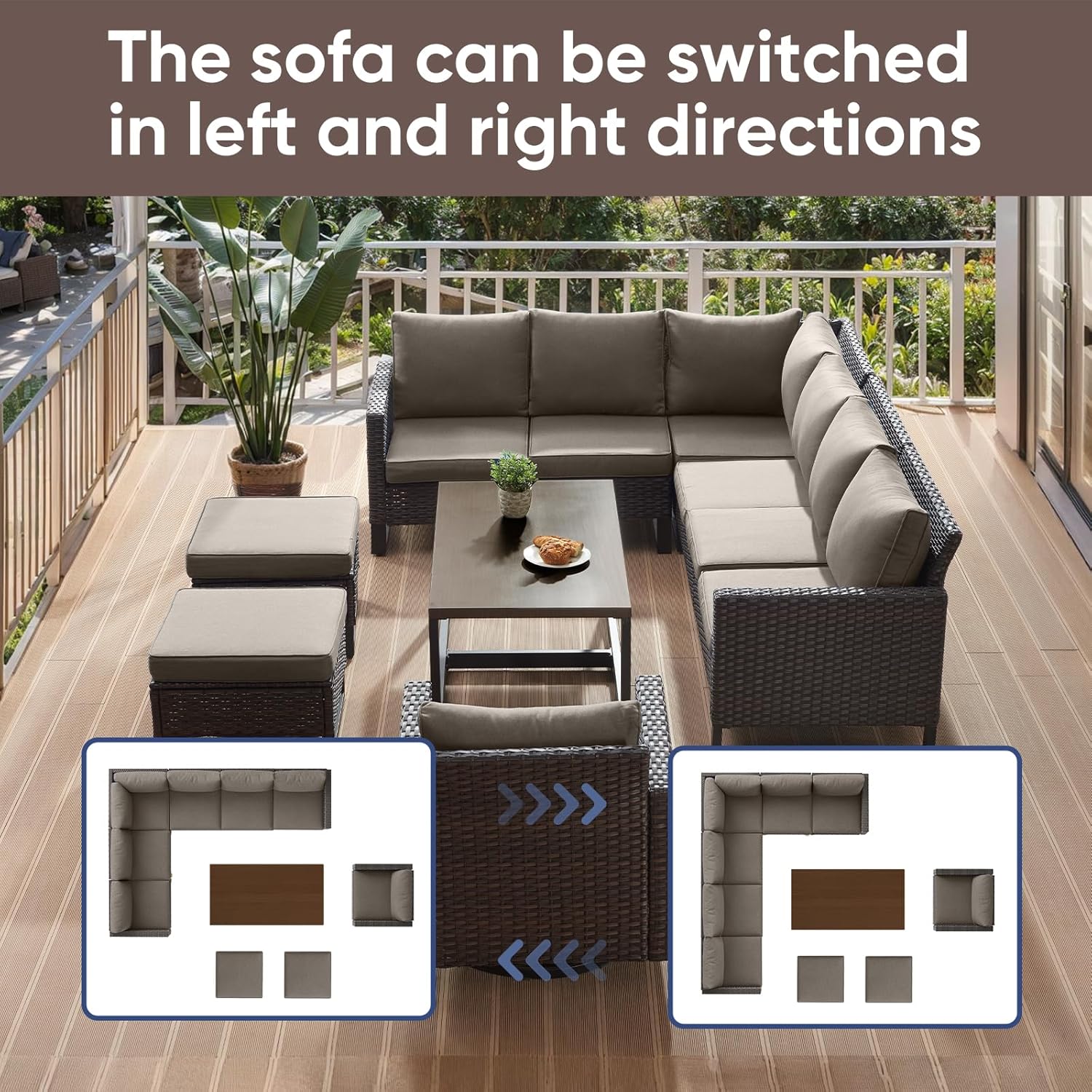HUMMUH 8 Piece Patio Furniture Set PE Wicker Outdoor Sectional Sofa and Patio Swivel Chairs Outdoor Dining Table Ottomans for Porch,Garden,Backyard,Deck(Brown/Grey)
