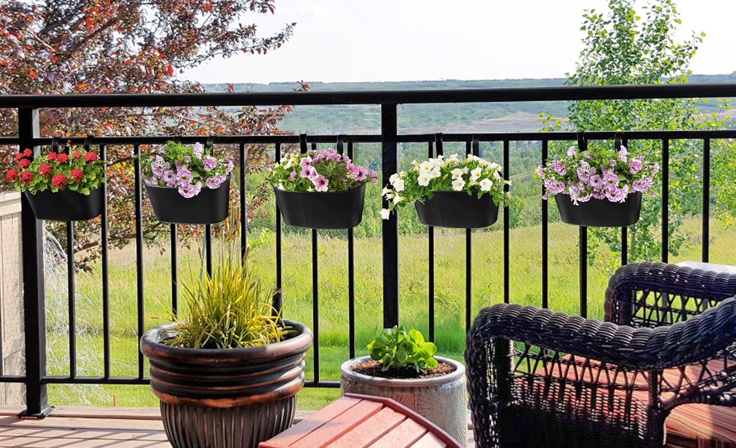 Mkono Metal Railing Planter Box 5 Pack Balcony Hanging Planter for Outdoor Plants with Detachable Hooks and Drain Holes Fence Planters for Any Balcony, Porch or Deck (5, Small)
