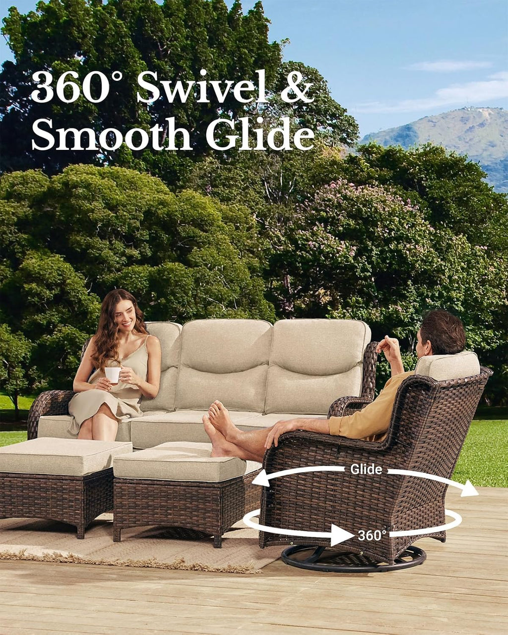 HILLGA Luxury Patio Furniture Set with 6-inch Thick Cushion, Outdoor Couch, Loveseat and High Back Swivel Rocker Patio Chairs, 7PCS Wicker Conversation Set for Deck Yard and Poolside, Beige (V2)