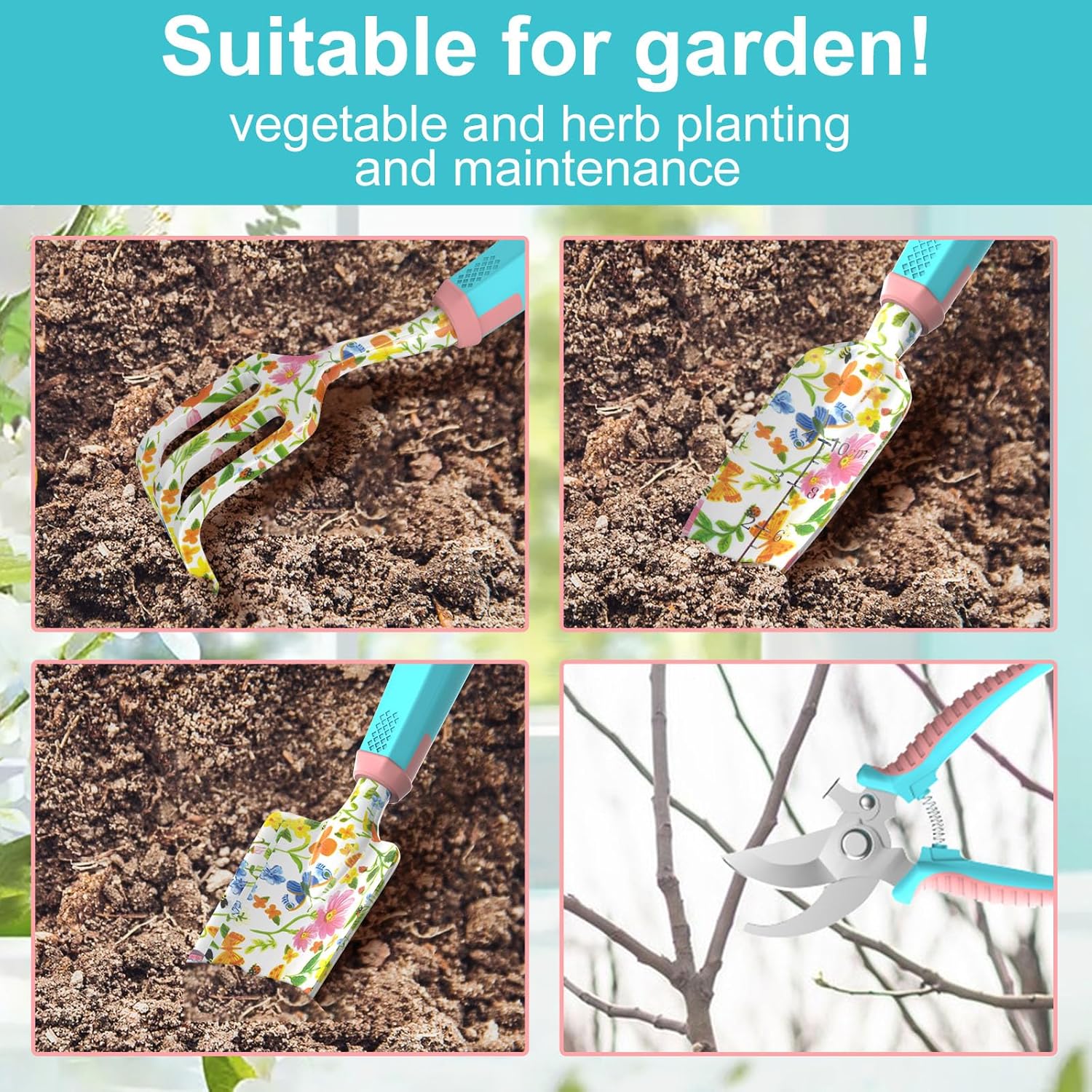 6 Pcs Garden Tool Set, Gardening Hand Tools Aluminum Alloy Starter Kit with Garden Bag, Heavy Duty Outdoor Tool Set with Ergonomic Handle, Gardening Gifts (Flower Pattern)