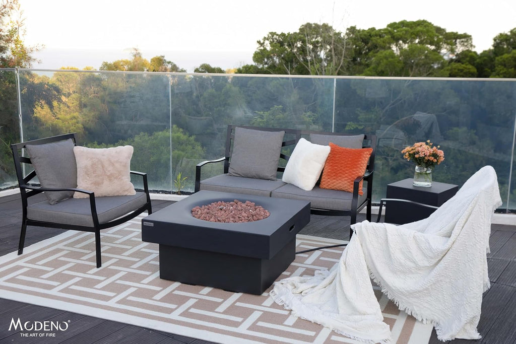 AMS Fireplace | Modeno Branford Package | Black Natural Gas Fire Pit Table for Outside Patio Bundle with Wind Guard, SS Burner Lid | Free Ice Bucket & Rubber Mat