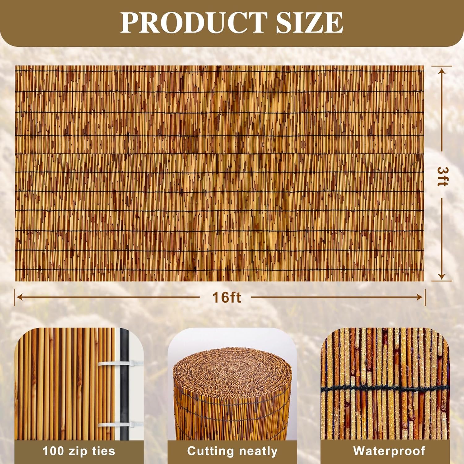 Natural Reed Fencing,Decorative Bamboo Fence Rolls Handwoven Friendly Sun Shade for Garden,Patio,Balcony Windows 3x16FT