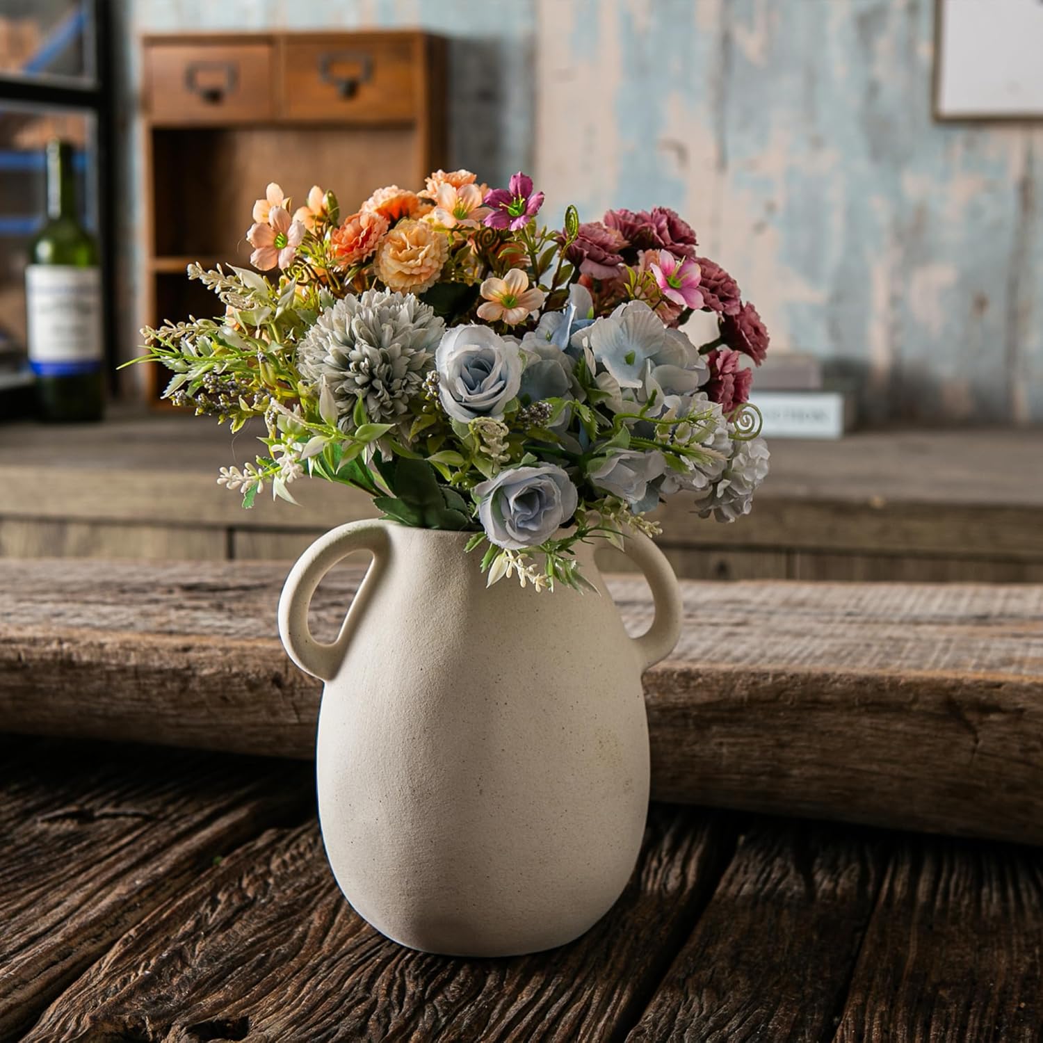 Off-White Ceramic Vase with 2 Handles, Sandstone Texture for Modern Farmhouse Decor, Rustic Pottery, Decorative Flower Vase, Clay Small Vase, Centerpiece for Dining Table - 7 Inch Tall