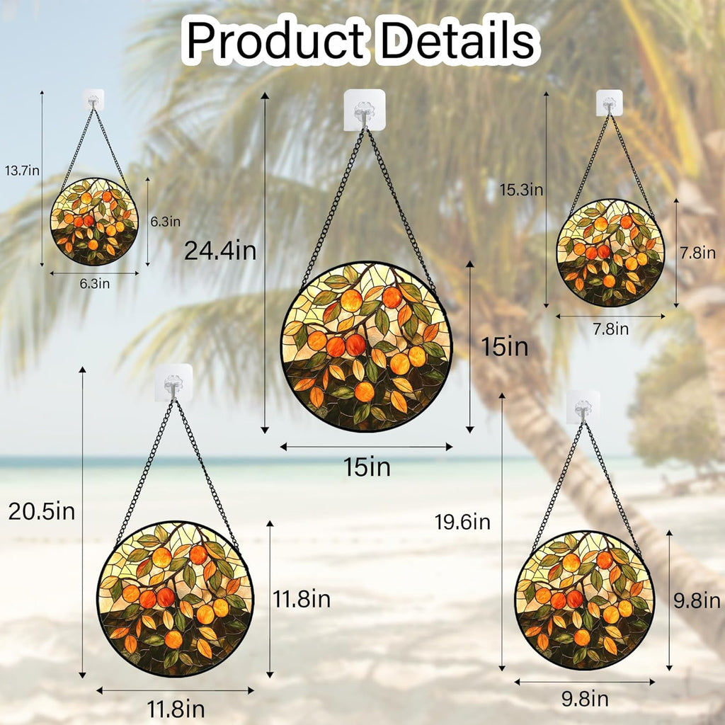 Stained Glass Suncatcher, Orange Green Fruit Tree Sun Catcher Landscape Stain Glass Window Hanging Decoration Mother's Day Birthday Gifts for Women Men Mom Nana 11.8 in