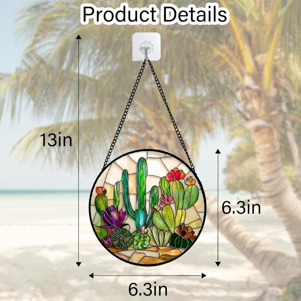 Stained Glass Window Hanging, White Green Cactus Suncatcher Diamond Glass Panel Hangings Sun Catchers Decor for Birthday for Women, Men, Wife, Aunt, and Mom 6.3 in