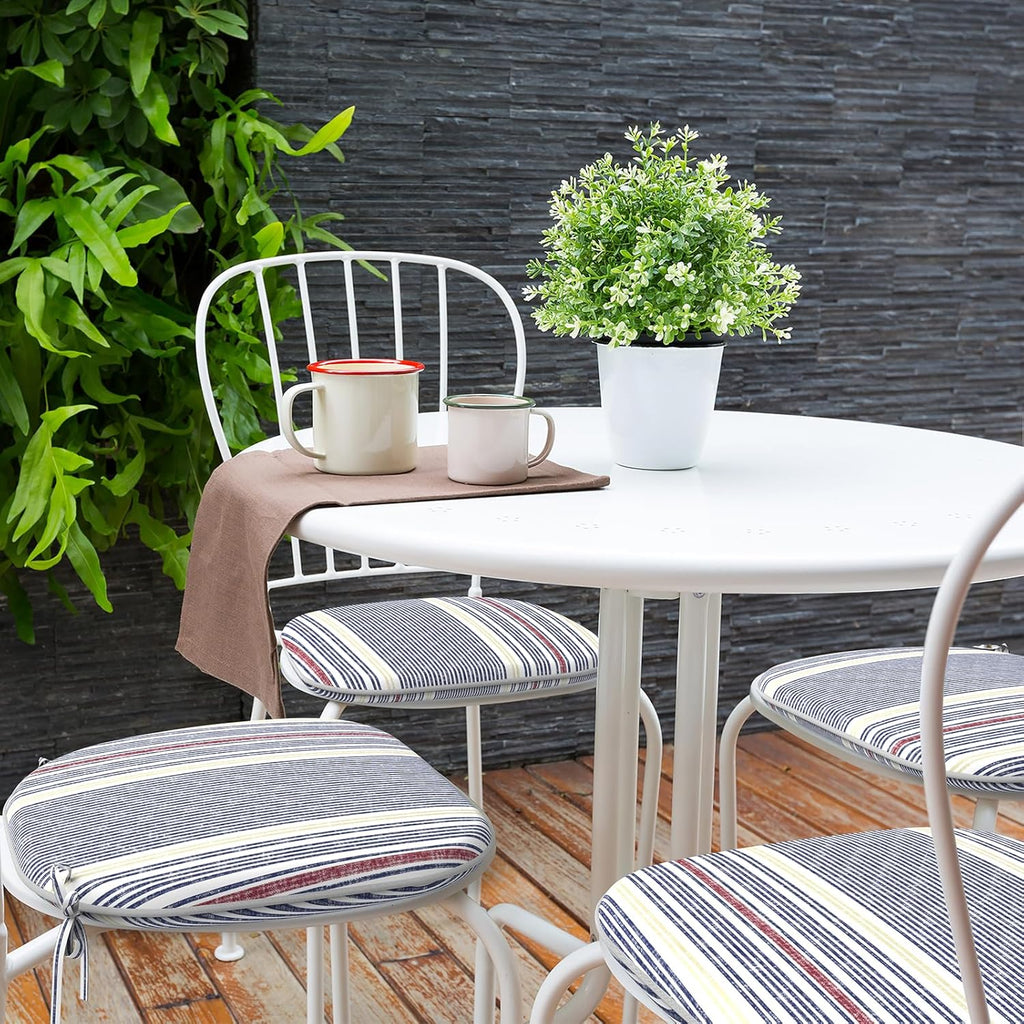 Indoor/Outdoor Chair Cushions 16x17 Inch, Patio Chair Cushions with Ties, All Weather Seat Cushions for Patio Furniture Home Garden Chair Use, Set of 4, Stripe Denim Blue