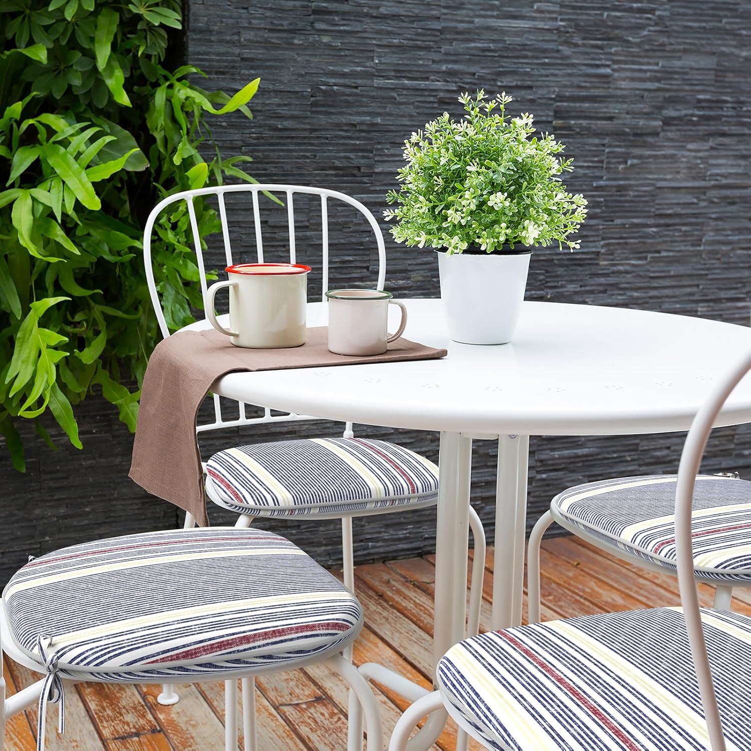 Indoor/Outdoor Chair Cushions 16x17 Inch, Patio Chair Cushions with Ties, All Weather Seat Cushions for Patio Furniture Home Garden Chair Use, Set of 4, Stripe Denim Blue