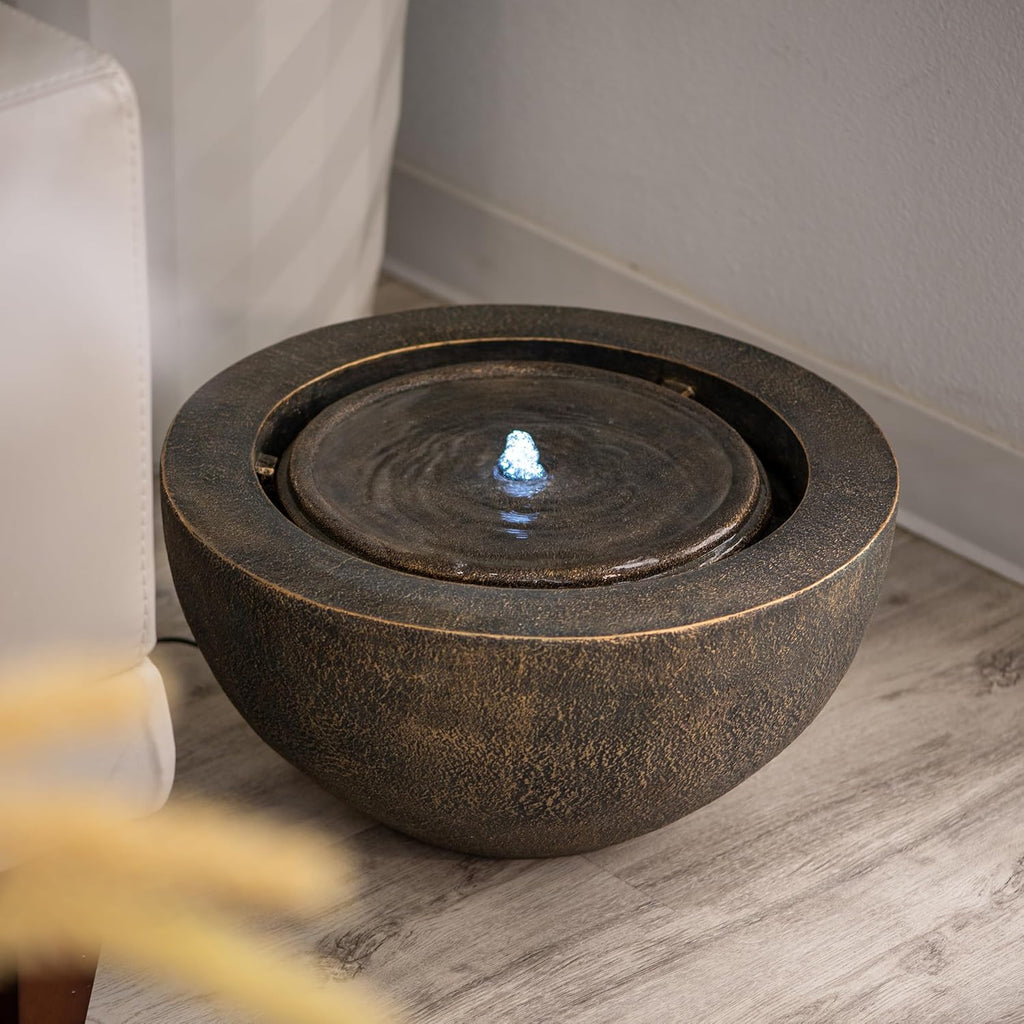 Xbrand 19.8" W Round Polyresin Indoor/Outdoor Sphere Water Fountain with LED Light, Garden/Patio Water Fountain Décor, Bronze