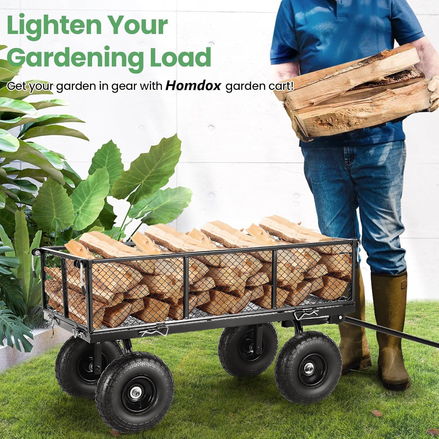 Homdox 660LB Garden Cart on Wheels, Heavy Duty Yard Wagon with 180° Rotating Handle, Mesh Foldable Garden Wagon Outdoor Utility Carts for Camping, Sports, Garden, Beach, Farm, Fishing, Black