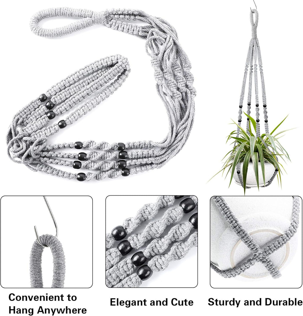 Augshy 2 Packs Macrame Hanging Planter, Indoor Hanging Planter Basket with Wood Beads Decorative Macrame Pot Hanger for Home Decor (Grey)