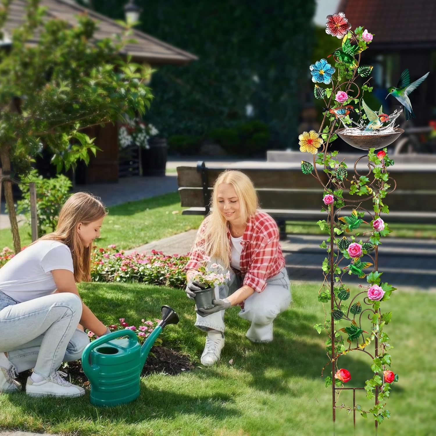 57” Bird Bath with Garden Trellis for Climbing Plants Outdoor, Small Decorative Metal Birdbath Bird Baths, Hummingbird (Hummingbird)