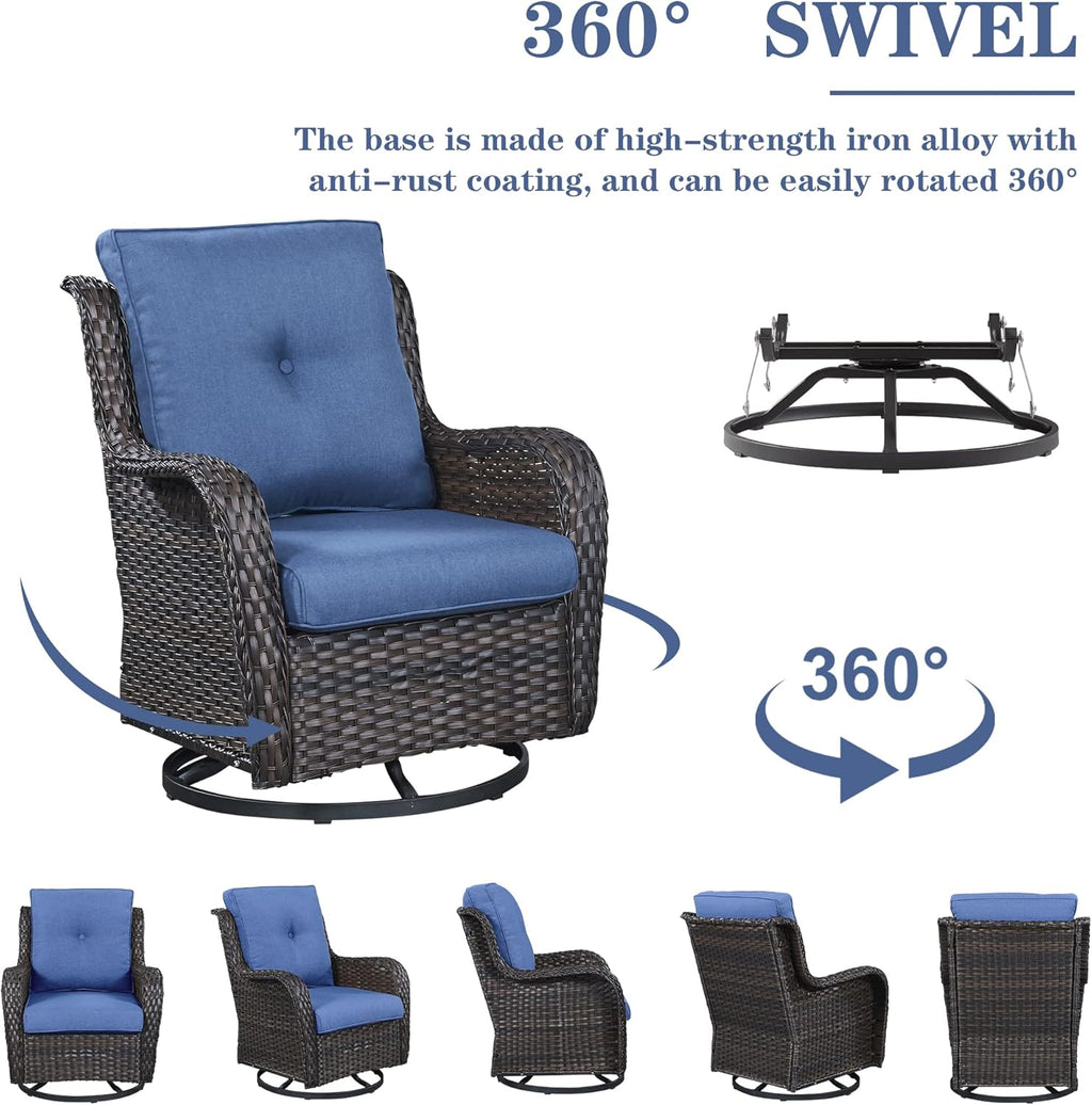 Outdoor Patio Furniture Set with Propane Fire Pit Table, 7 Pieces Wicker Patio Conversation Set with 2 Swivel Glider Rocker Chairs Rattan Sofa Blue Cushion Perfect for Casual Gathering