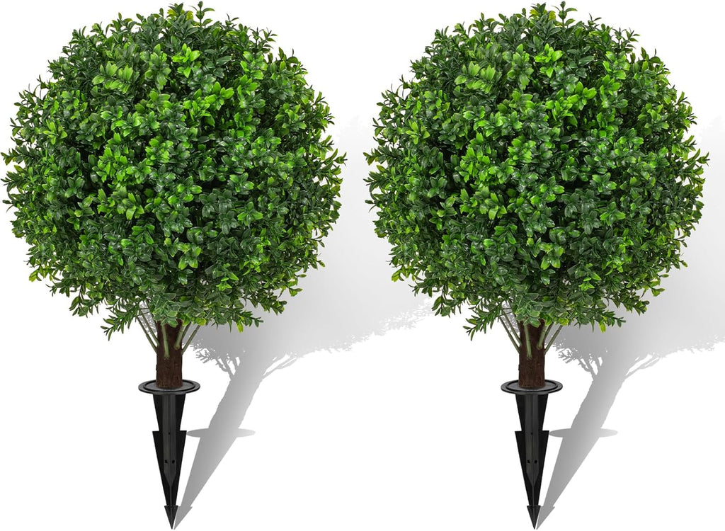 22" Artificial Boxwood Topiary Ball Trees with Ground Spike Set of 2 - UV Resistant Faux Green Shrubs & Bushes Potted Plants for Outdoor Indoor Front Porch Garden