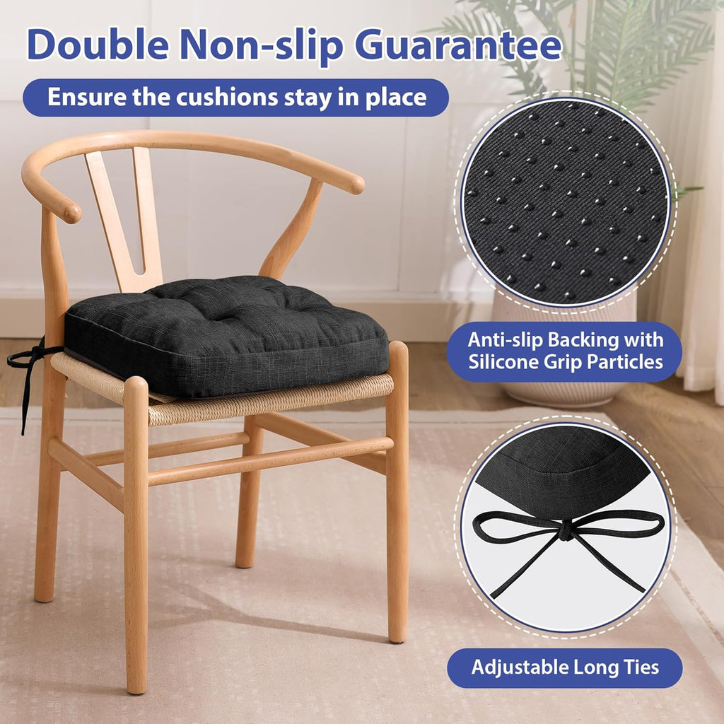 Chair Cushions, Foam Dining Chair Cushions, Tufted Indoor Chair Pads, 16.5” x 16.5” x 3.5”, Set of 2, Black