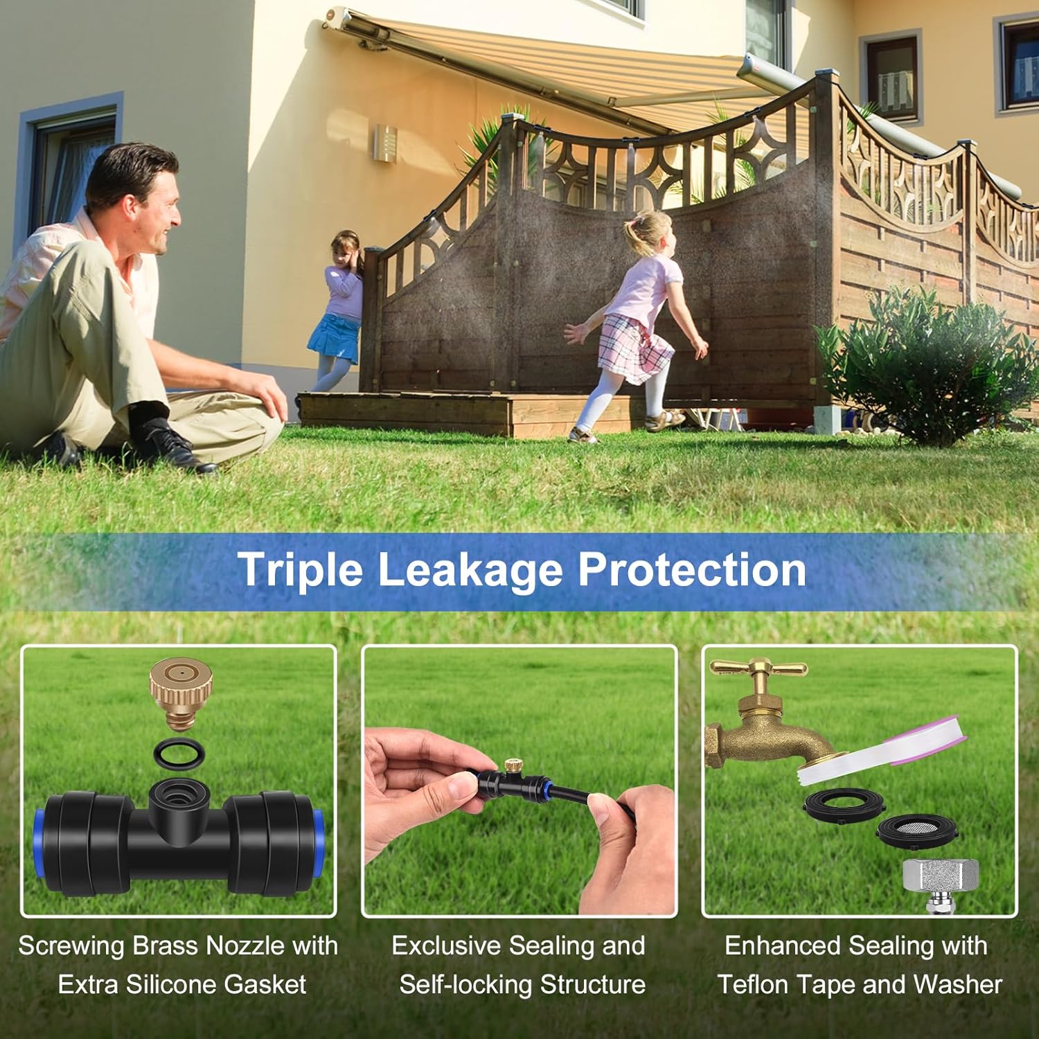 GOXAWEE Misting System, 26FT (8M) Misting Line + 7 Brass Mist Nozzles + Brass Adapter(3/4"), Misters for Outside Patio Cooling Outdoor Garden Greenhouse Trampoline for Waterpark
