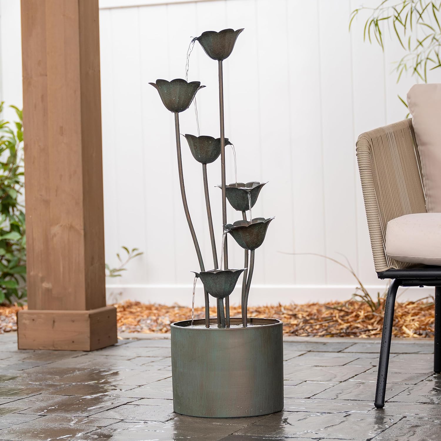 XBrand Sculptural Freestanding Metal Multi-Tiered Water Fountain w/Flowers, No LED Lights, Silver, 35" Tall