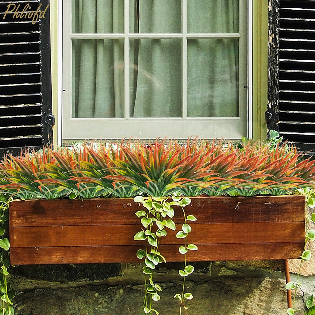 16Pcs Artificial Grass Fake Plants 17.3in Outdoor Plastic Plants UV Resistant Greenery Fake Grass for Home Window Garden Patio Hanging Planter Pathway Front Porch Décor Red