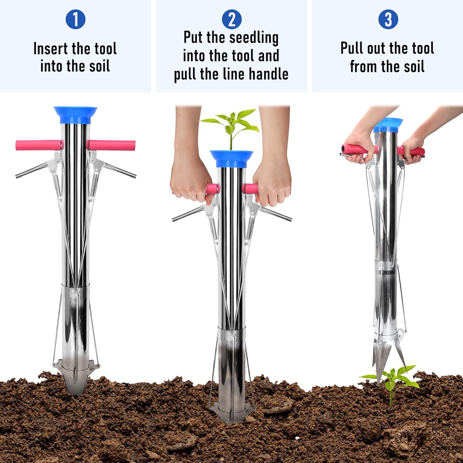 AIWFL Seedling Transplanter Long Double Handled Bulb Planter Tools Vegetable Young Plant Manual Plant Transplanter Stainless Steel Planting Garden Tools