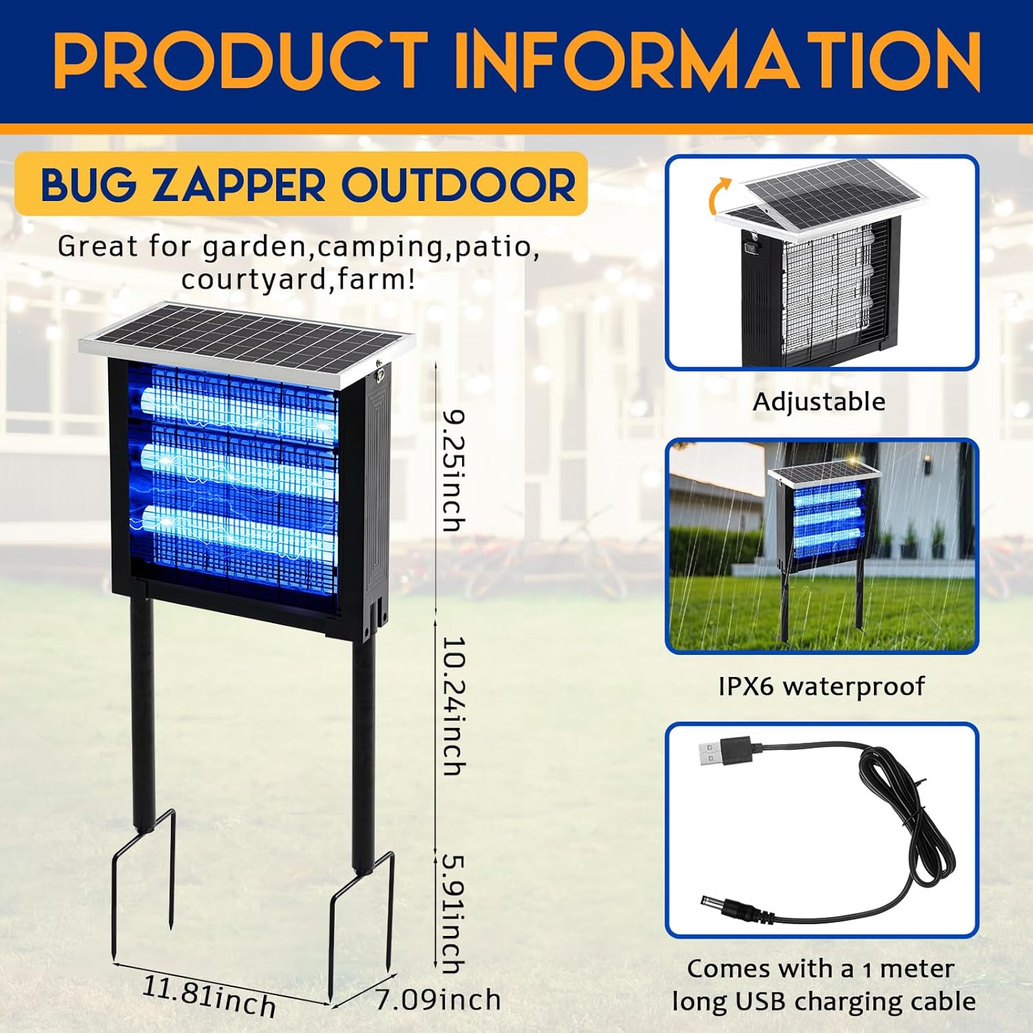 Qualirey 2 Pcs Solar Bug Zapper Outdoor Waterproof Mosquito Zapper with 3000v High Powered Rechargeable Electric Mosquito Killer with Grounding Bracket Fly Insect Trap for Patio Garden