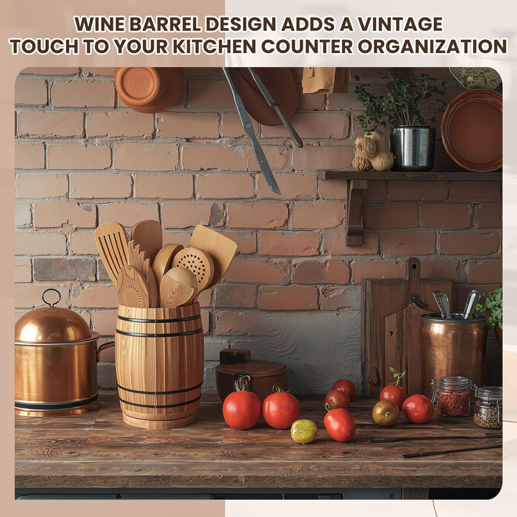 Honeydak Wooden Utensil Holder for Kitchen Counter, 360° Rotating Wine Barrel Design Large Cooking Spoon Crock Organizer, Rustic Vintage Burnt Wood Tool Holder for Farmhouse Kitchen, Gifts Decor