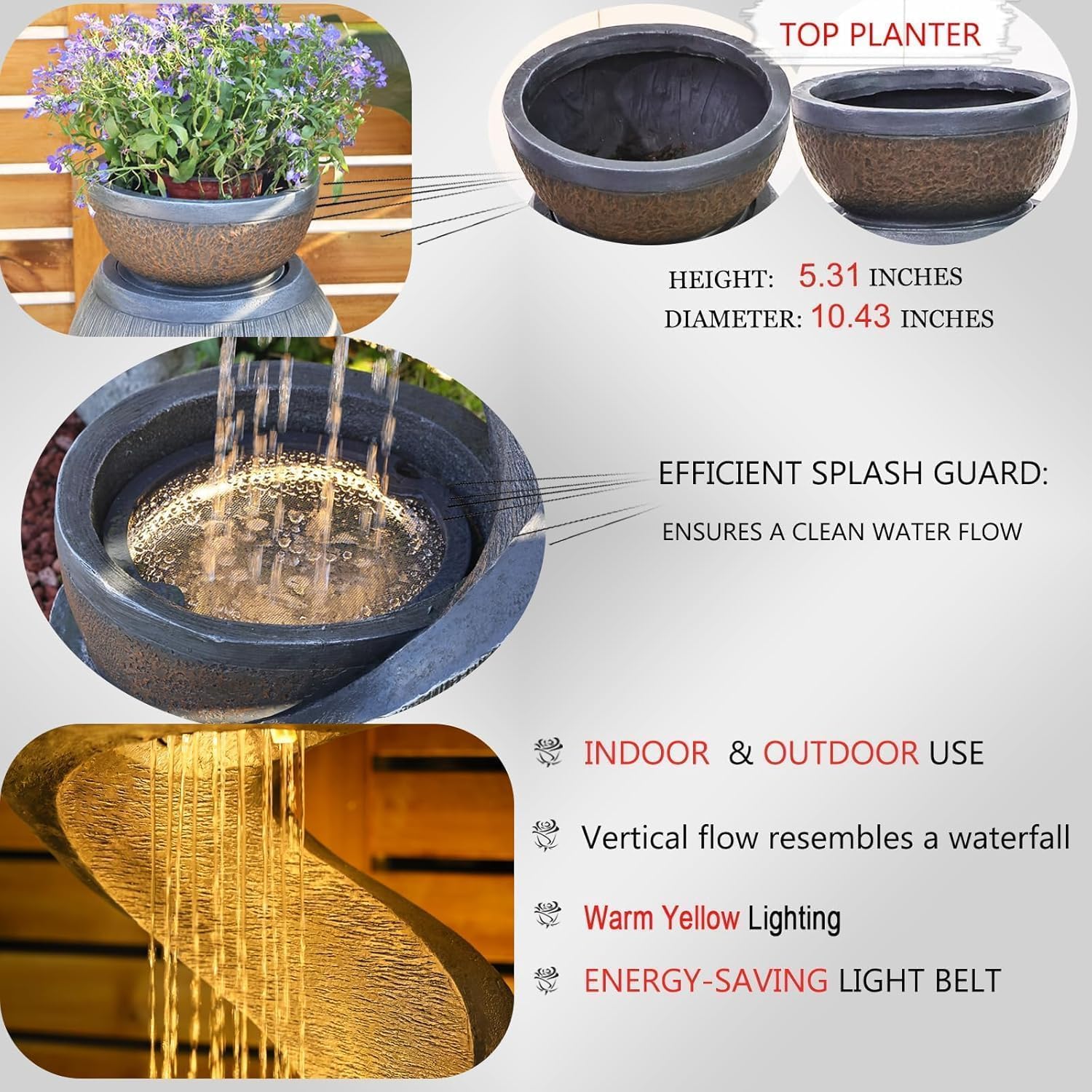 31.9" S-Shaped Water Outdoor Fountain–Modern Cascading Waterfall Feature with LED Lights & Planter Bowl, Garden Fountains Outdoor for Patio, Balcony, Yard or Home Decor, Resin Waterfall