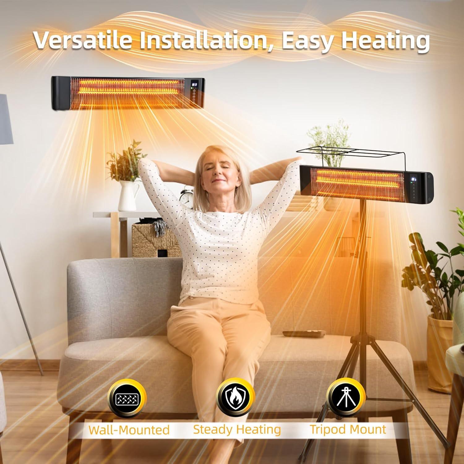 Outdoor Electric Heater RealSmart 1500W Portable Outdoor Patio Use 3 Heat Modes Wall Mounted Ceiling Tripod Heater Waterproof IP65 TUV Certification for Restaurant Garage