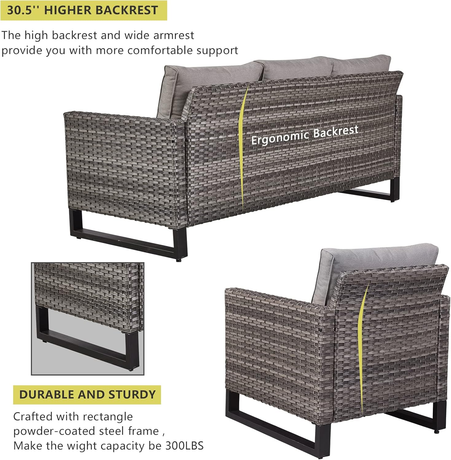 HUMMUH 5 Piece Patio Furniture Set All Weather Wicker Outdoor Sectional Sofa,High Back Patio Chairs and Ottomans for Porch,Garden,Backyard