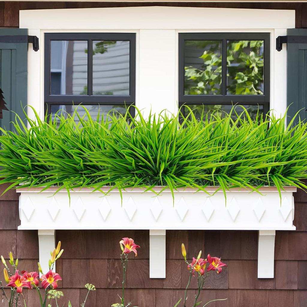 Uieke 12 Bundles Artificial Outdoor Plants UV Resistant Fake Grass Plants Faux Plastic Plants Greenery Shrubs for Home Garden Pathway Window Box Front Porch Spring Summer Decor, Green