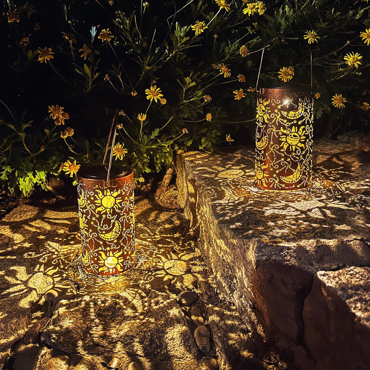 Solar Lanterns Outdoor Hanging Lantern Lights,Sun Moon Metal Decor Lanterns-Waterproof LED Decorative Light for Garden Patio Yard Lawn Backyard Front Porch as Gifts for Mom Grandma Women